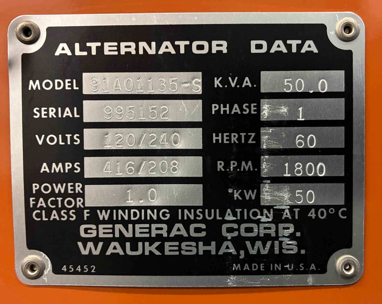 50KW Generac Diesel Standby Generator, 271hrs, 120/240v 1P, w/tank