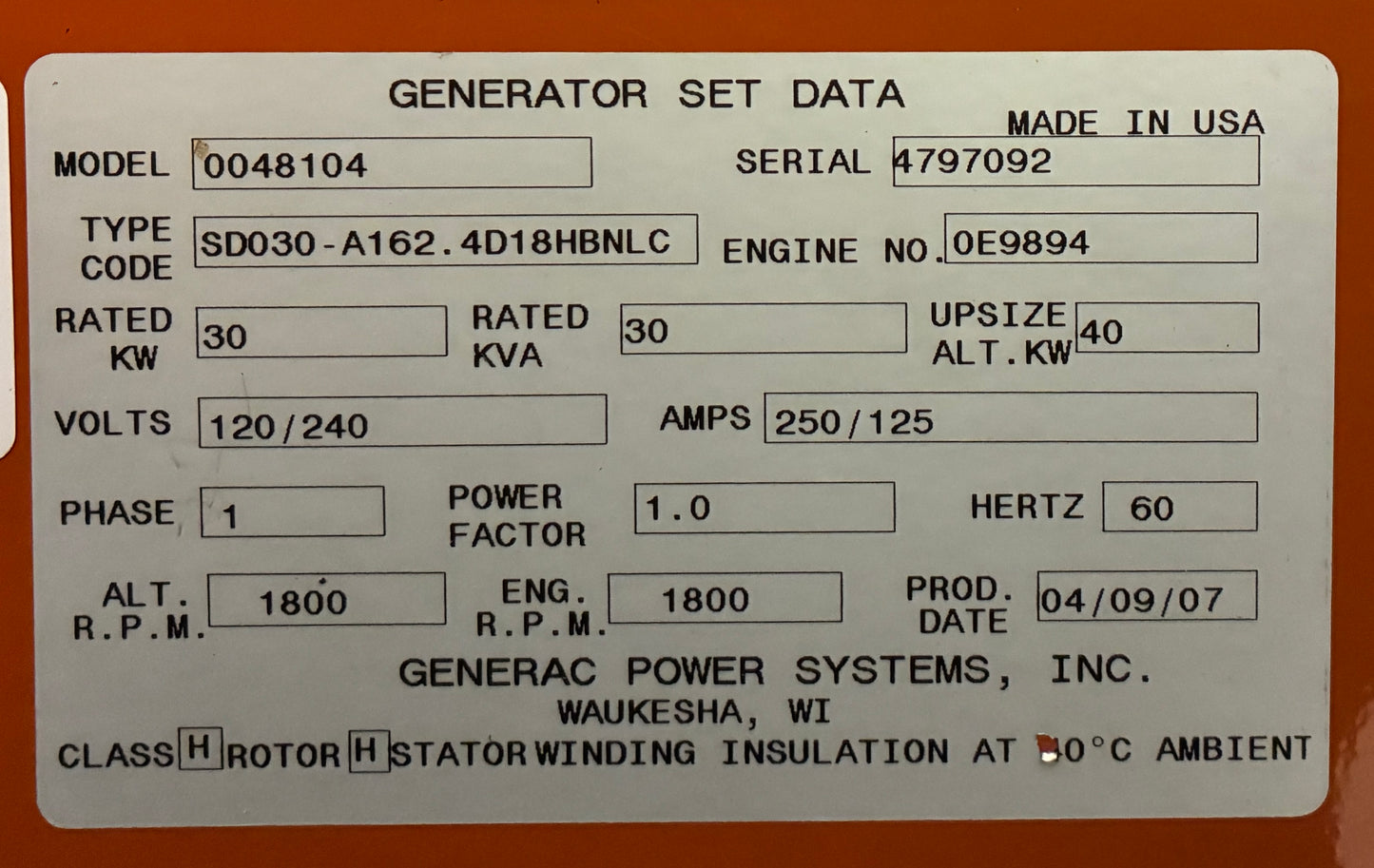 30KW Generac John Deere Diesel Standby Generator, 398hours, 120/240v 1P