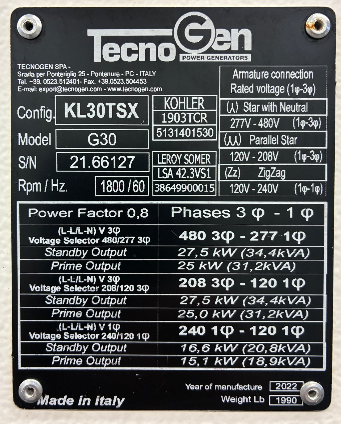 27.5KW TecnoGEN Portable Diesel Generator, 2,962 hours, 1 or 3 Phase