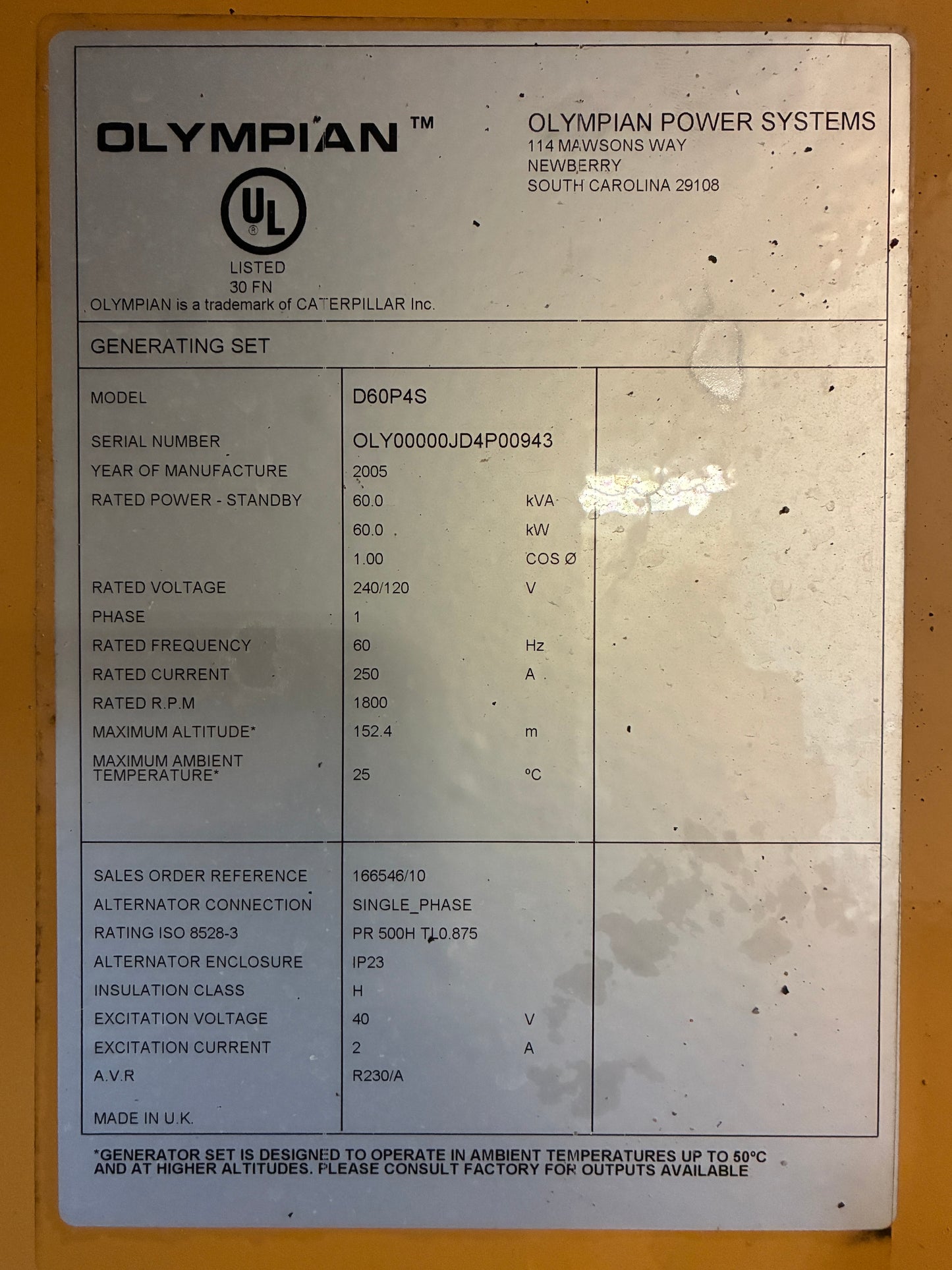 60KW CAT/Olympian Diesel Standby Generator, 518hrs, 120/240v 1P