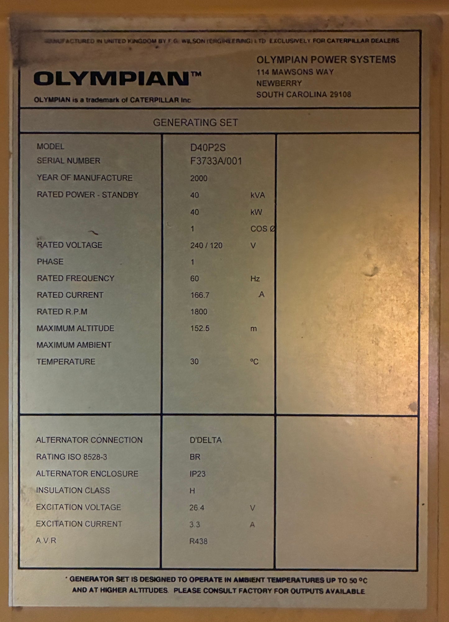 40KW CAT/Olympian Diesel Standby Generator, 120/240 1P, w/ tank