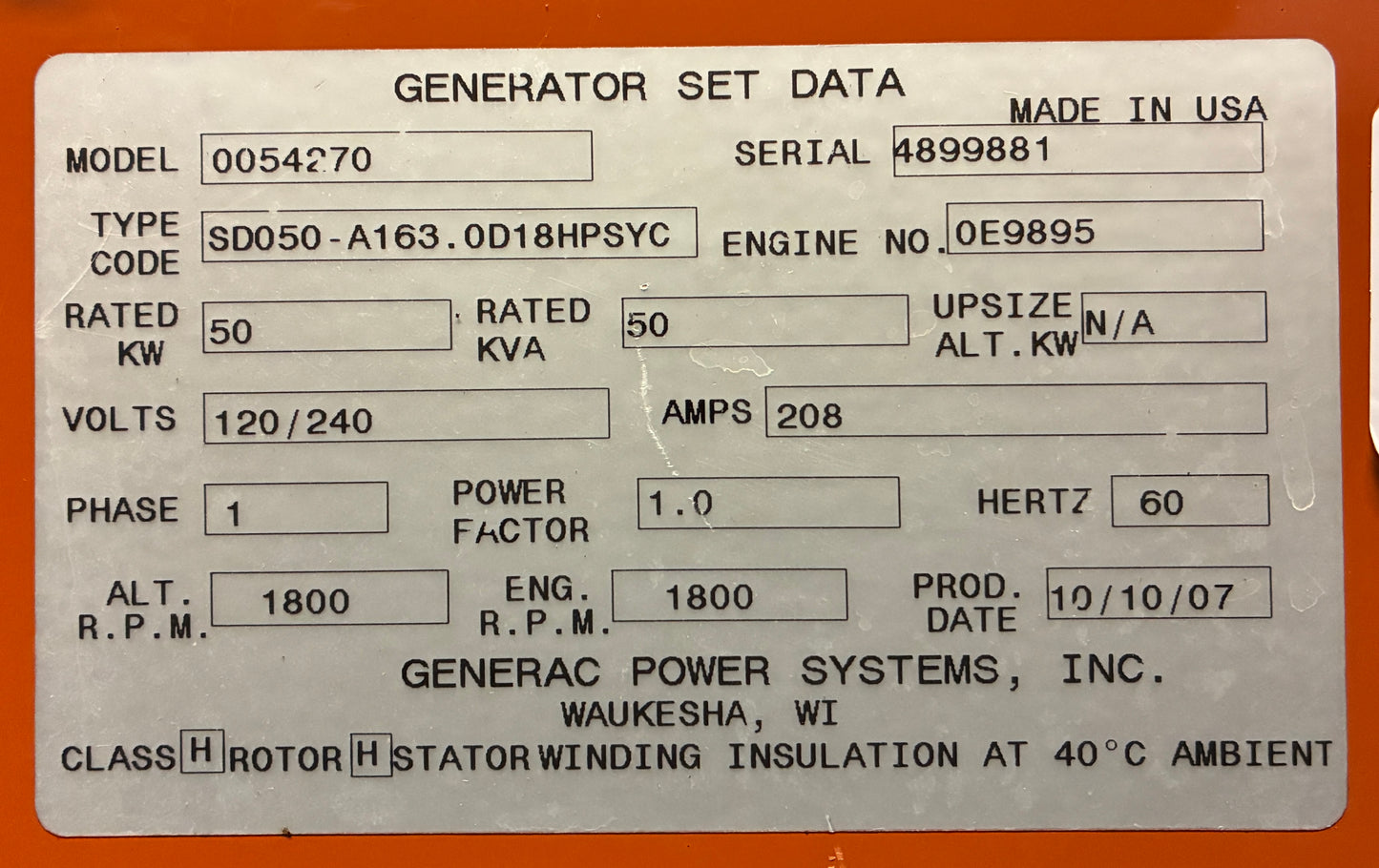 50KW Generac John Deere Diesel Standby Generator, 450hours, 120/240v 1P