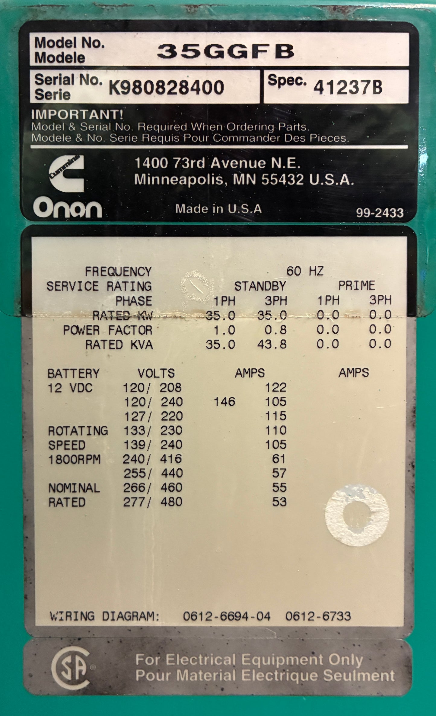 35KW Cummins Standby Generator, Natural Gas/Propane, 120/240v 1P