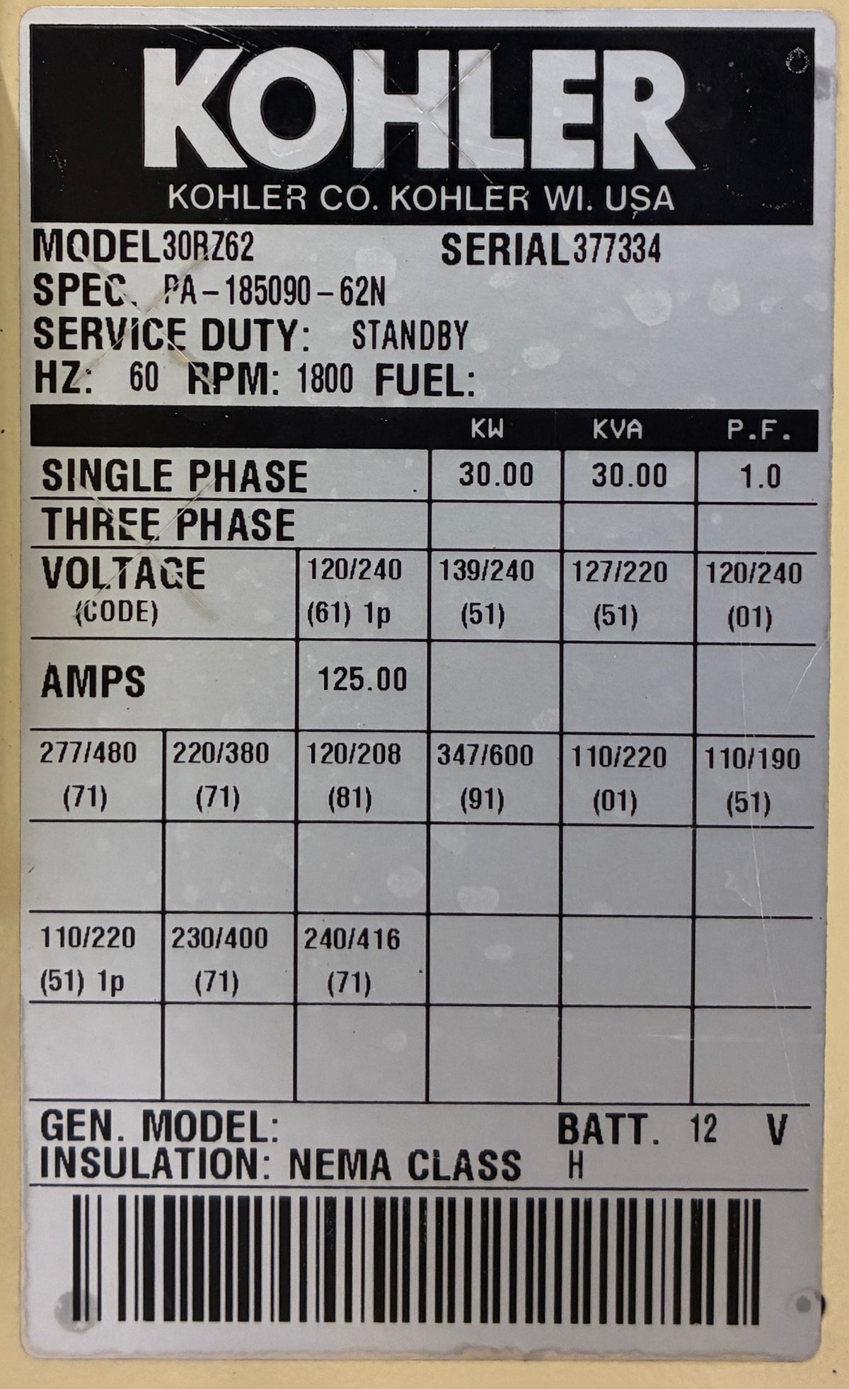 30KW Kohler Standby Generator, Natural Gas/Propane, 1 or 3 Phase