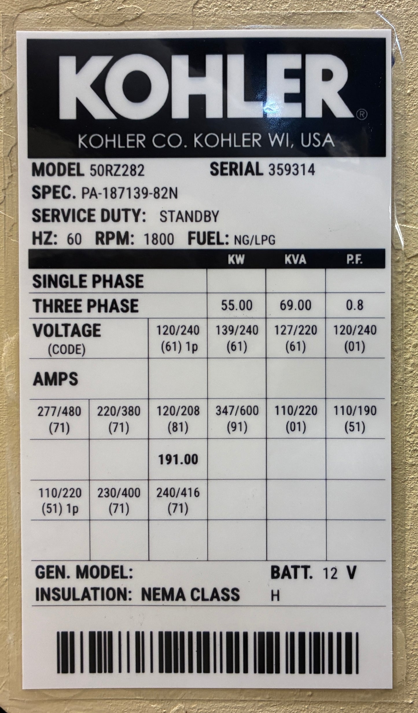 55KW Kohler Standby Generator, Natural Gas/LPG, 707 hrs, 1 or 3 Phase