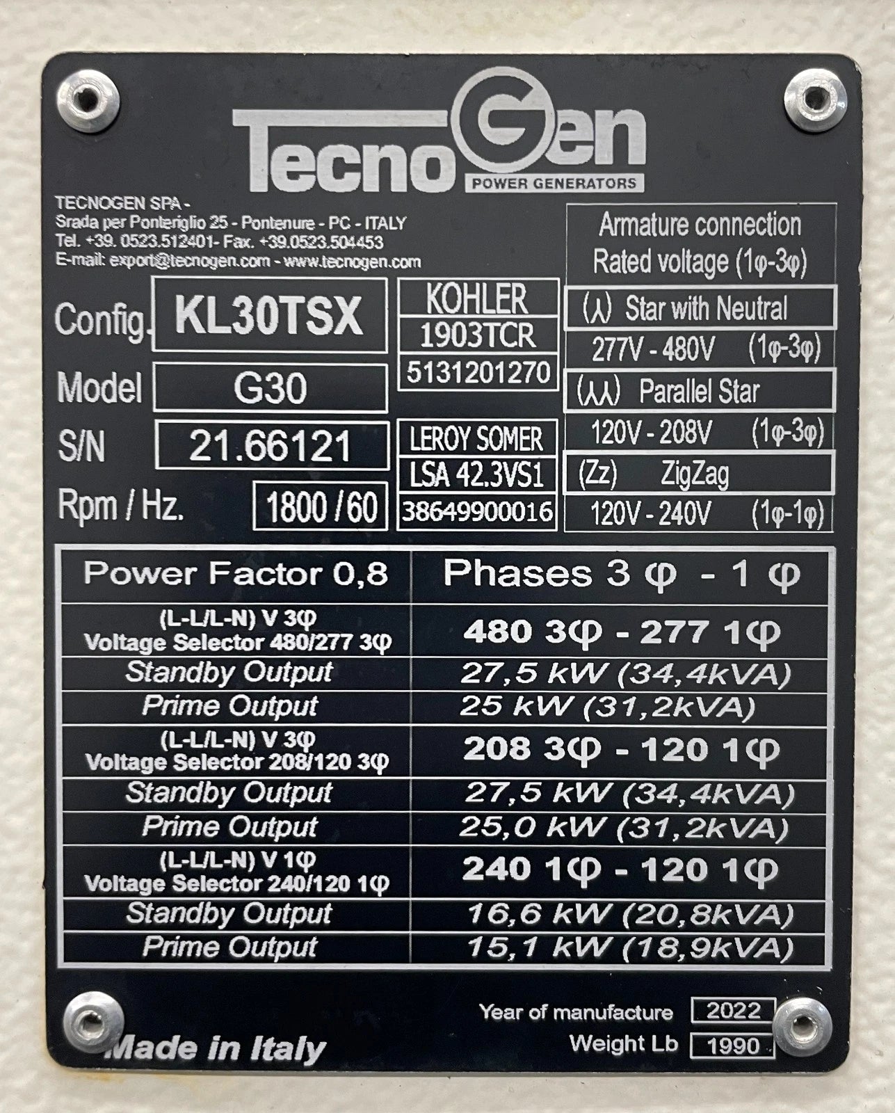 27.5KW TecnoGEN Portable Diesel Generator, 5,785 hours, 1 or 3 Phase