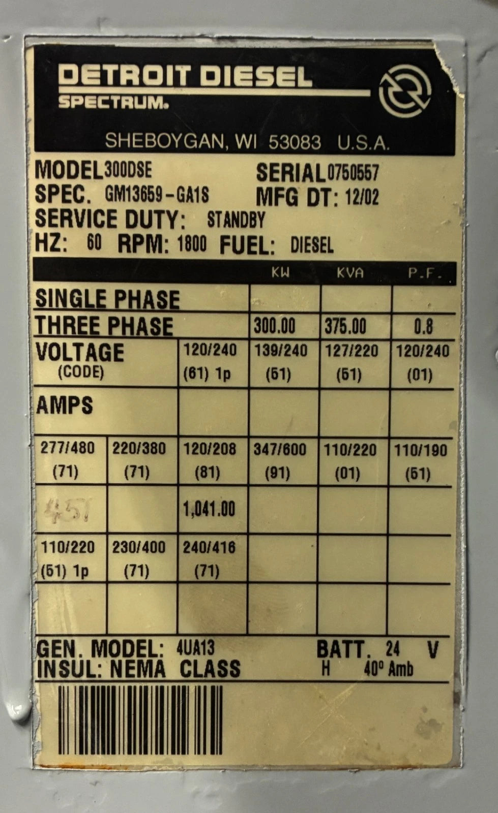 300KW Spectrum Detroit 60 Series Standby Diesel Generator, 1 or 3 Phase