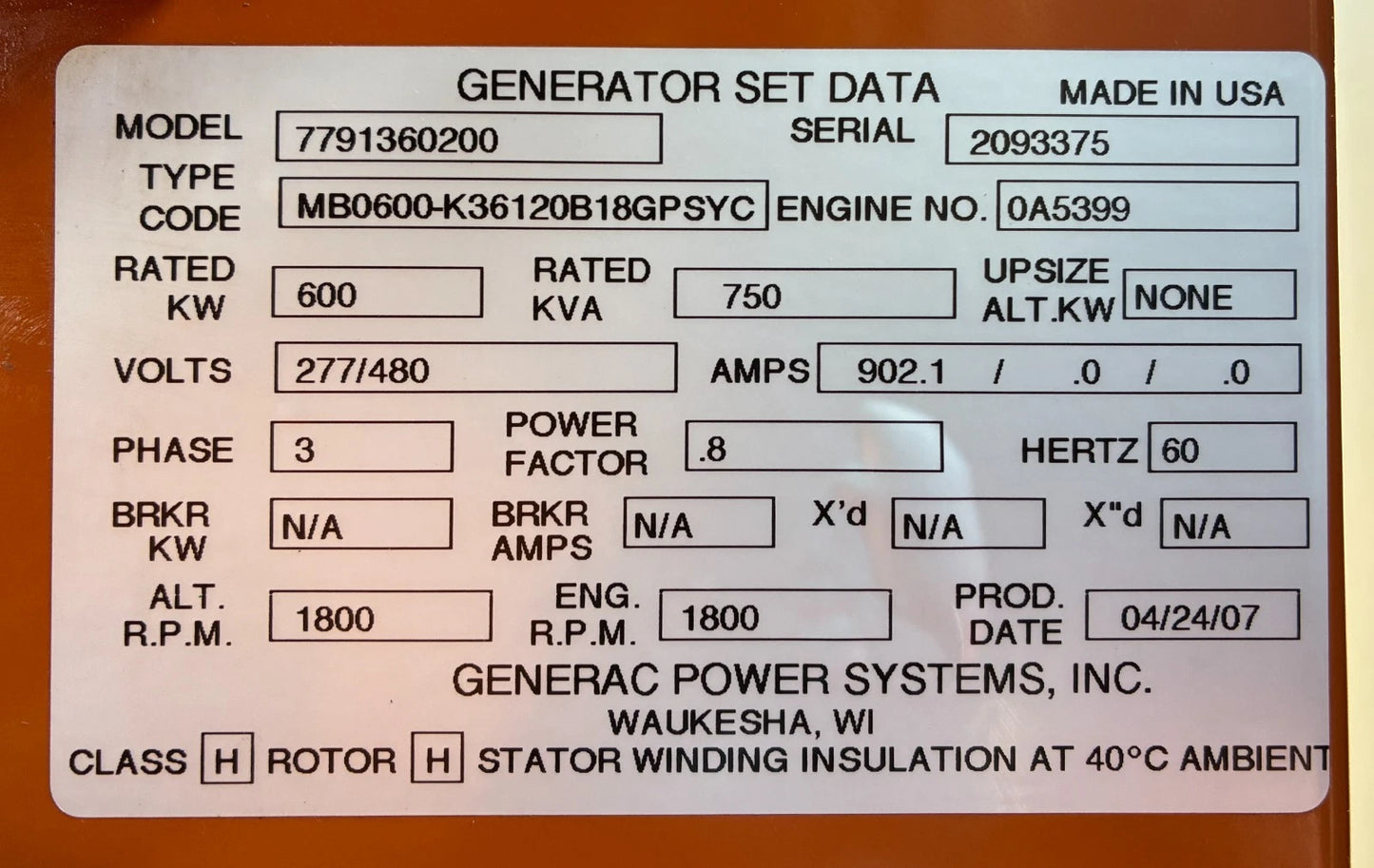 600KW Generac Diesel Standby Generator, 754 hours, 277/480v 3P, w/tank