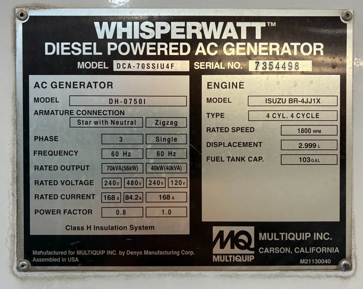 Multiquip 62KW DCA70SSIU4F Portable Diesel Generator, 1 or 3 Phase