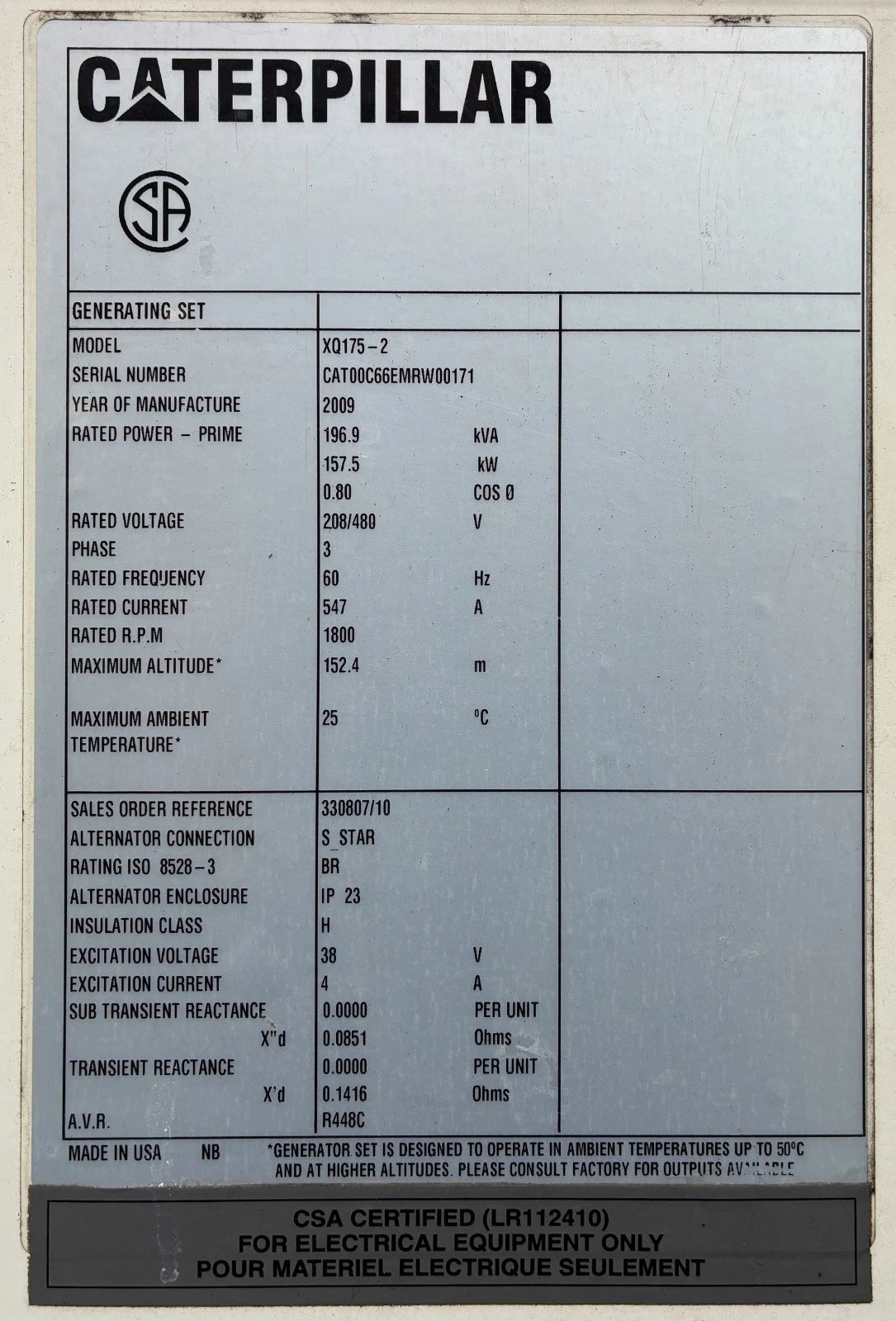 175KW Caterpillar (XQ175) Portable C6.6 Diesel Generator, 1 or 3 Phase