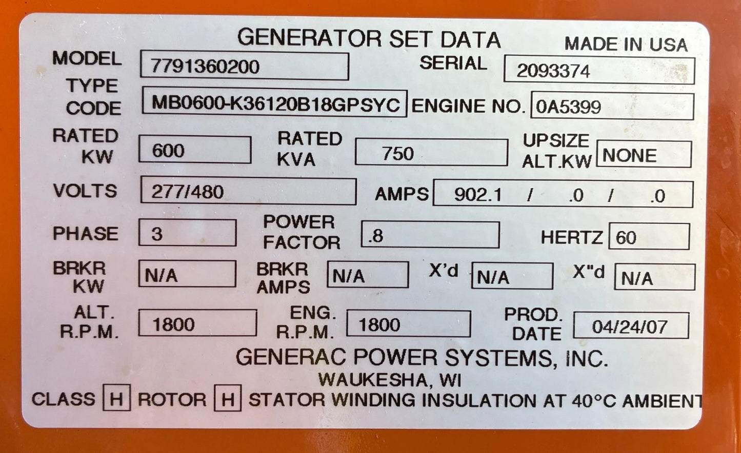 600KW Generac Diesel Standby Generator, 750 hours, 277/480v 3P, w/tank