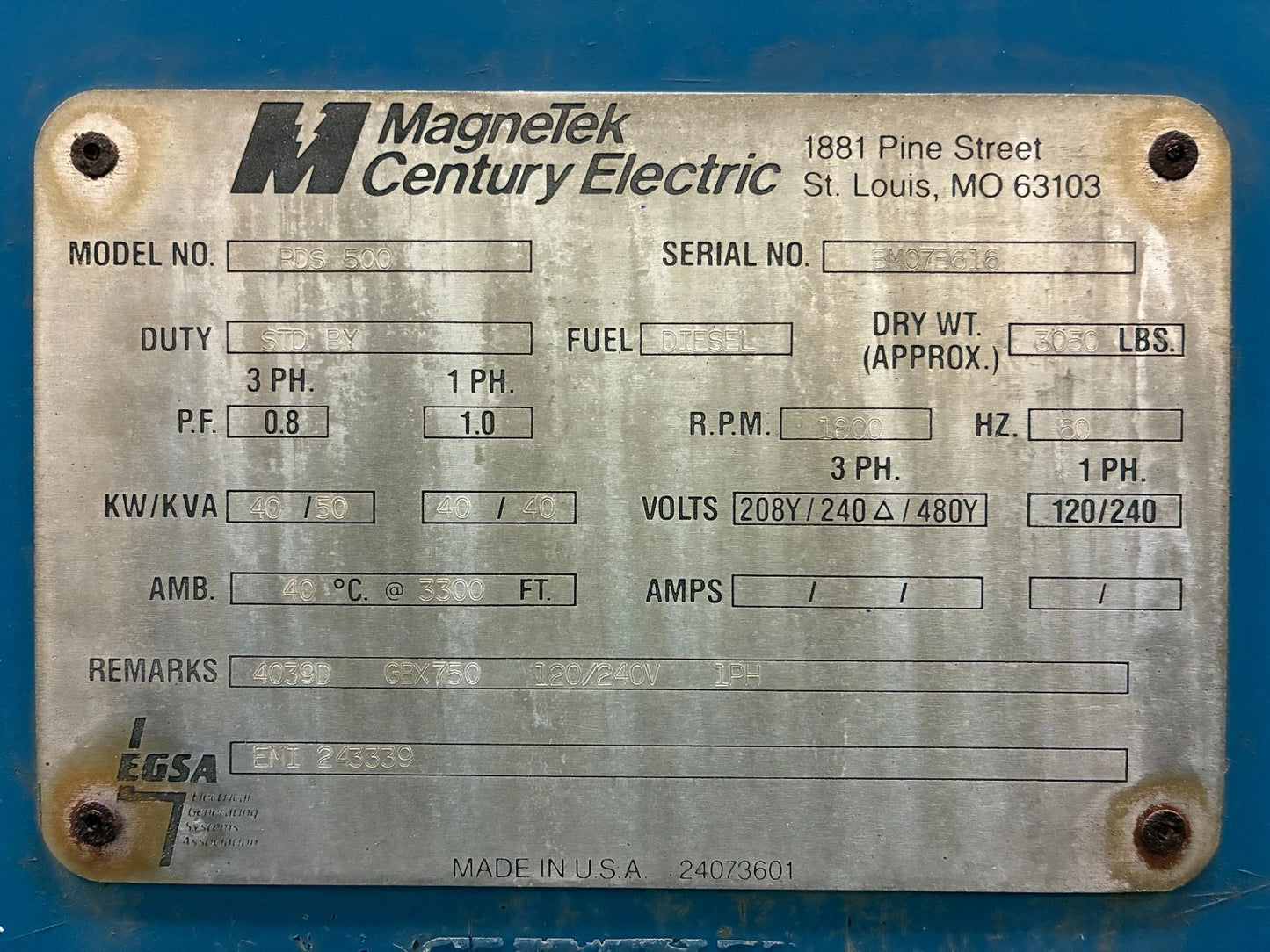 40KW MagneTek John Deere Diesel Generator, 627 hrs, 1 or 3 Phase