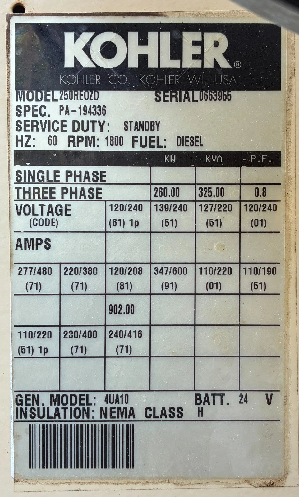 260KW Kohler Standby Detroit Diesel Generator, 1 or 3 Phase, w/ tank