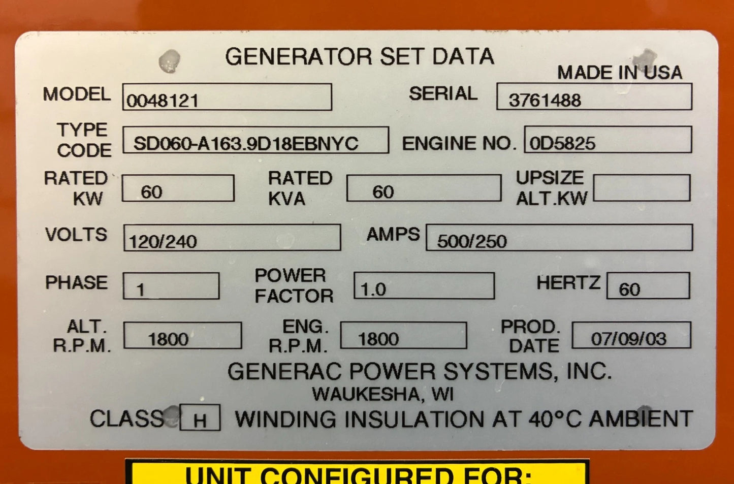 60KW Generac Diesel Standby Generator, 514hrs, 120/240v 1P, w/ tank