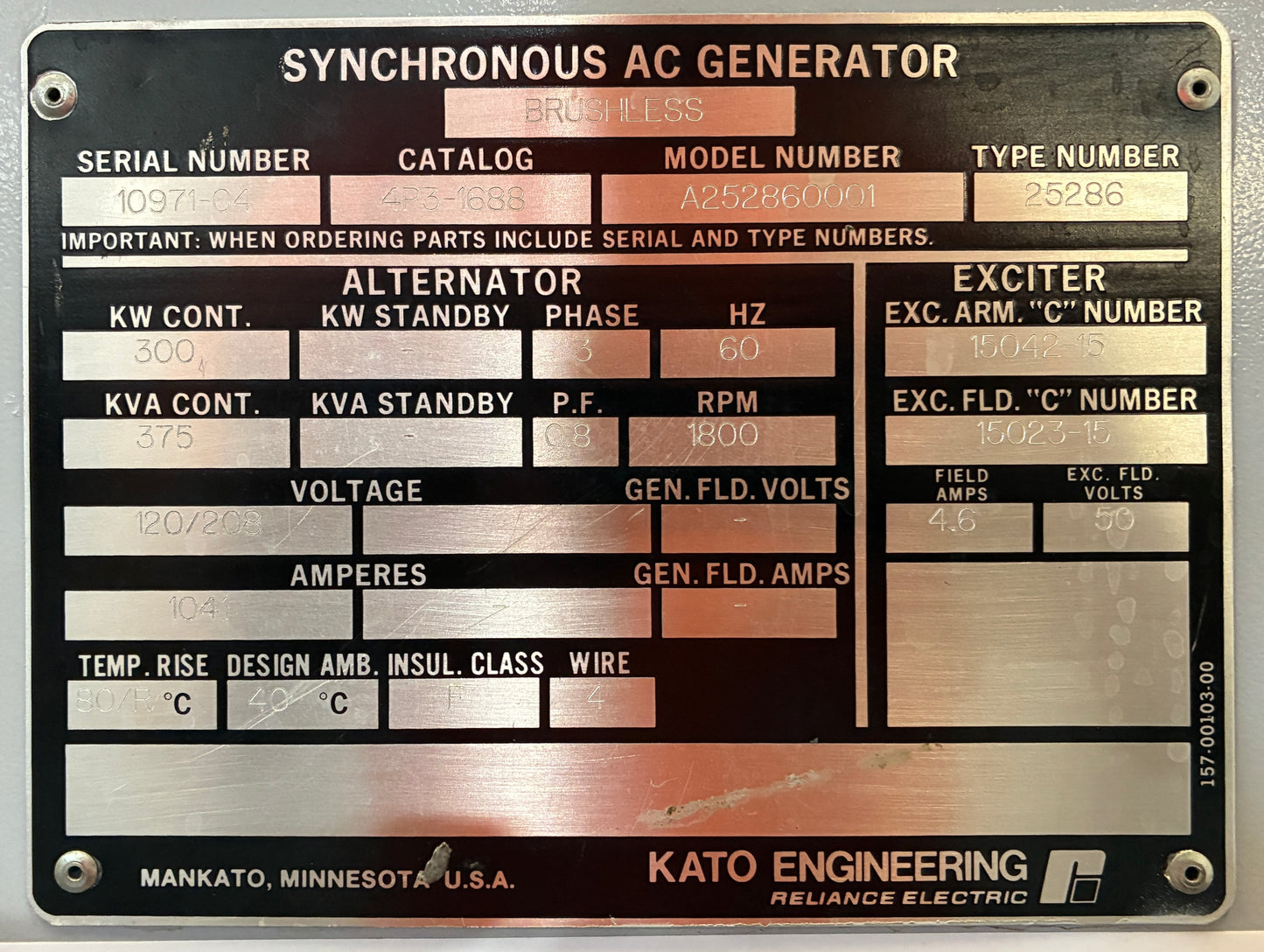 300KW Kato/CAT 3406 Diesel Generator, 827 Hours, 1 or 3 Phase