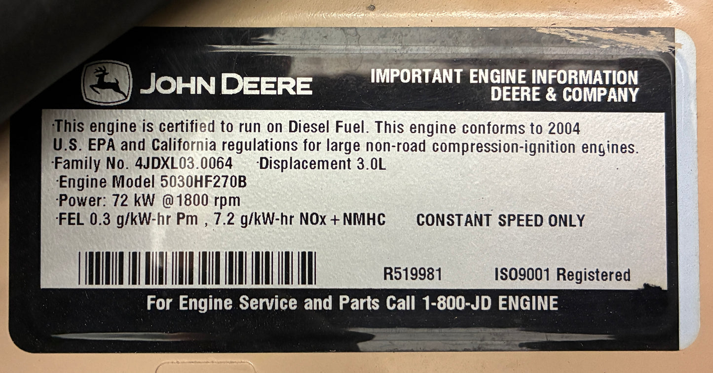 60KW Generac John Deere Diesel Standby Generator, 633hours, 120/240v 1P