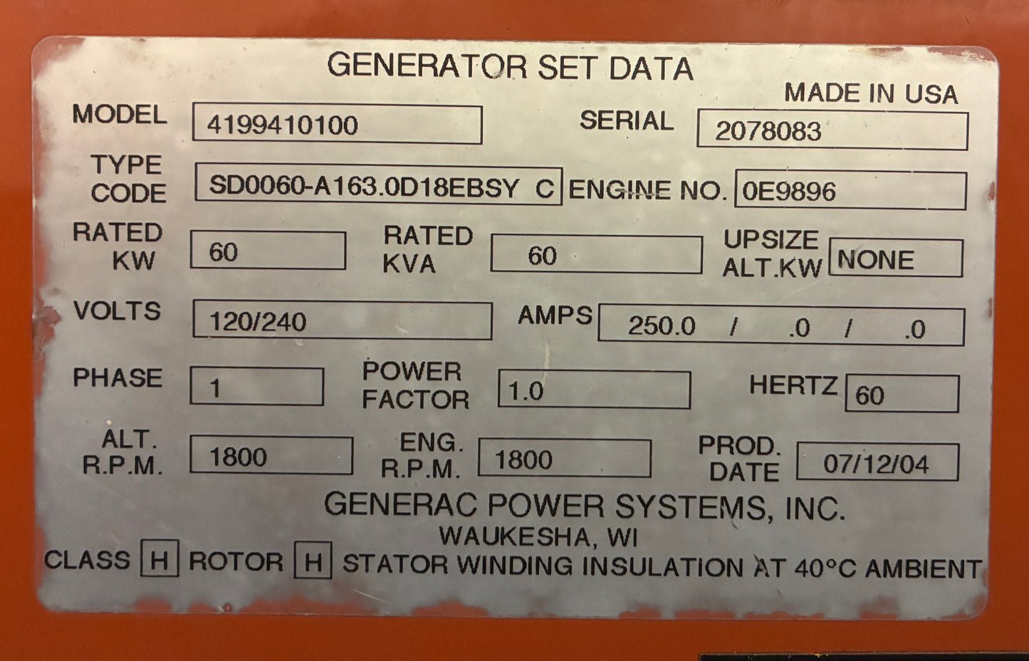 60KW Generac John Deere Diesel Standby Generator, 633hours, 120/240v 1P