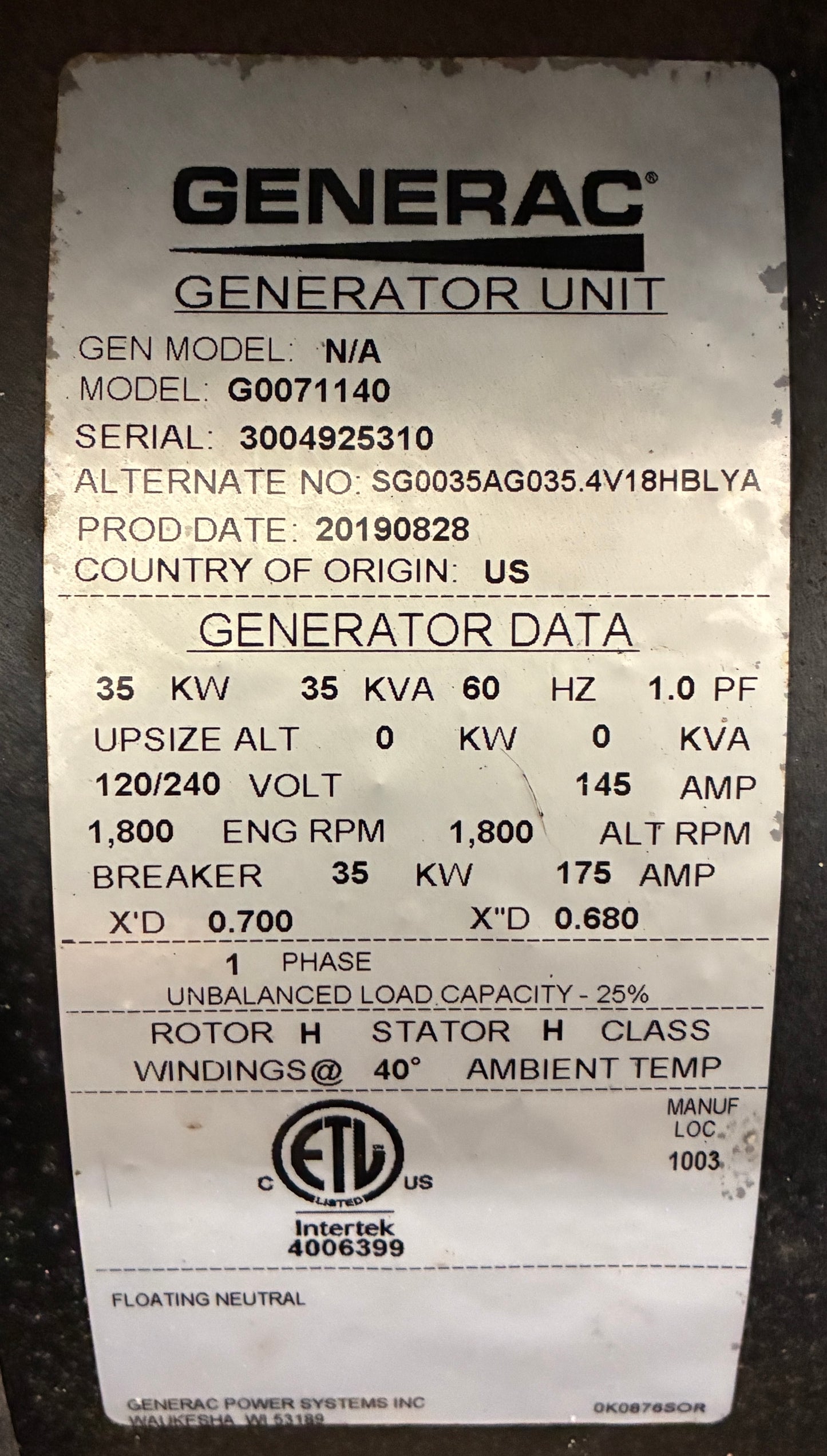 35KW Generac Standby Generator, NG/LPG, 110 hours, 120/240v