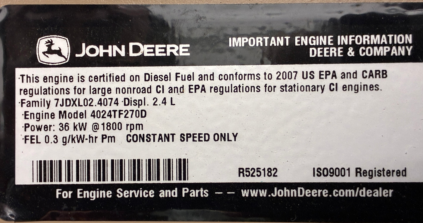 30KW Generac John Deere Diesel Standby Generator, 398hours, 120/240v 1P