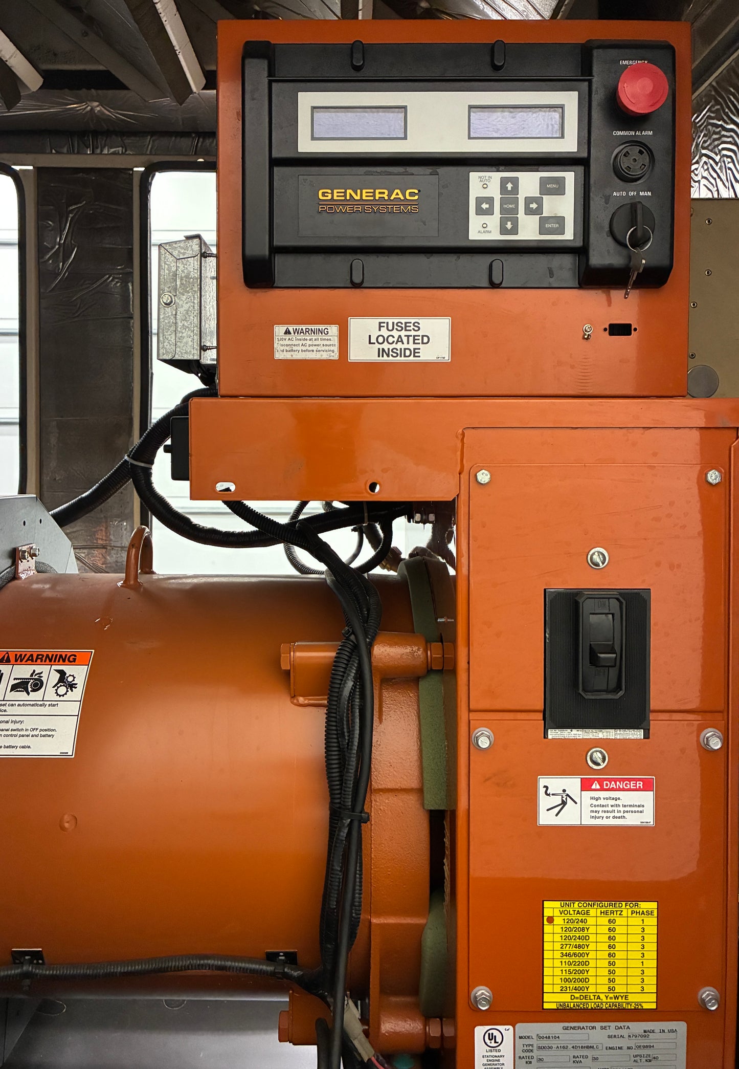 30KW Generac John Deere Diesel Standby Generator, 398hours, 120/240v 1P