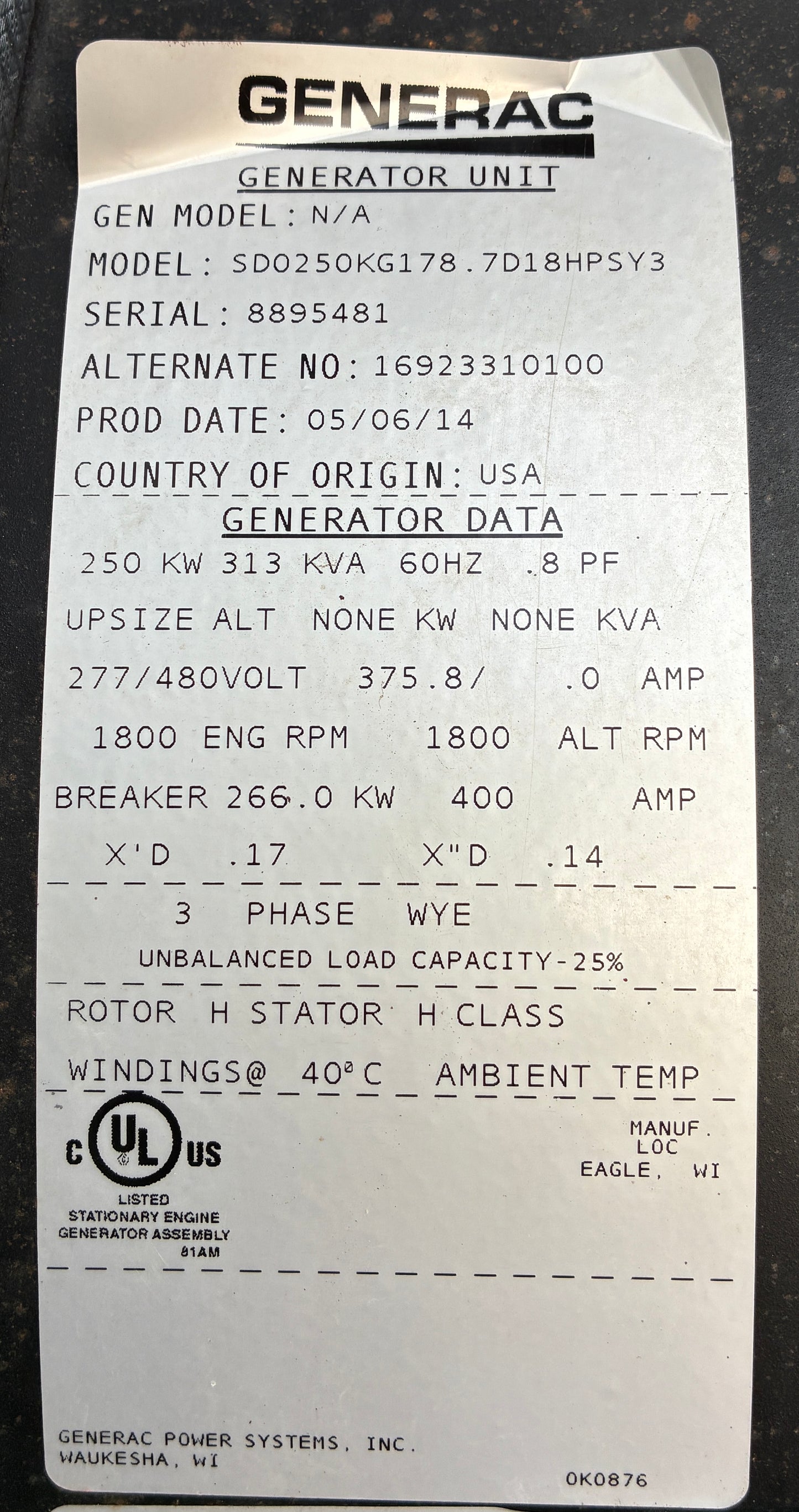Generac 250kw Diesel Standby Generator, 352 hours, 1 or 3 Phase, w/tank