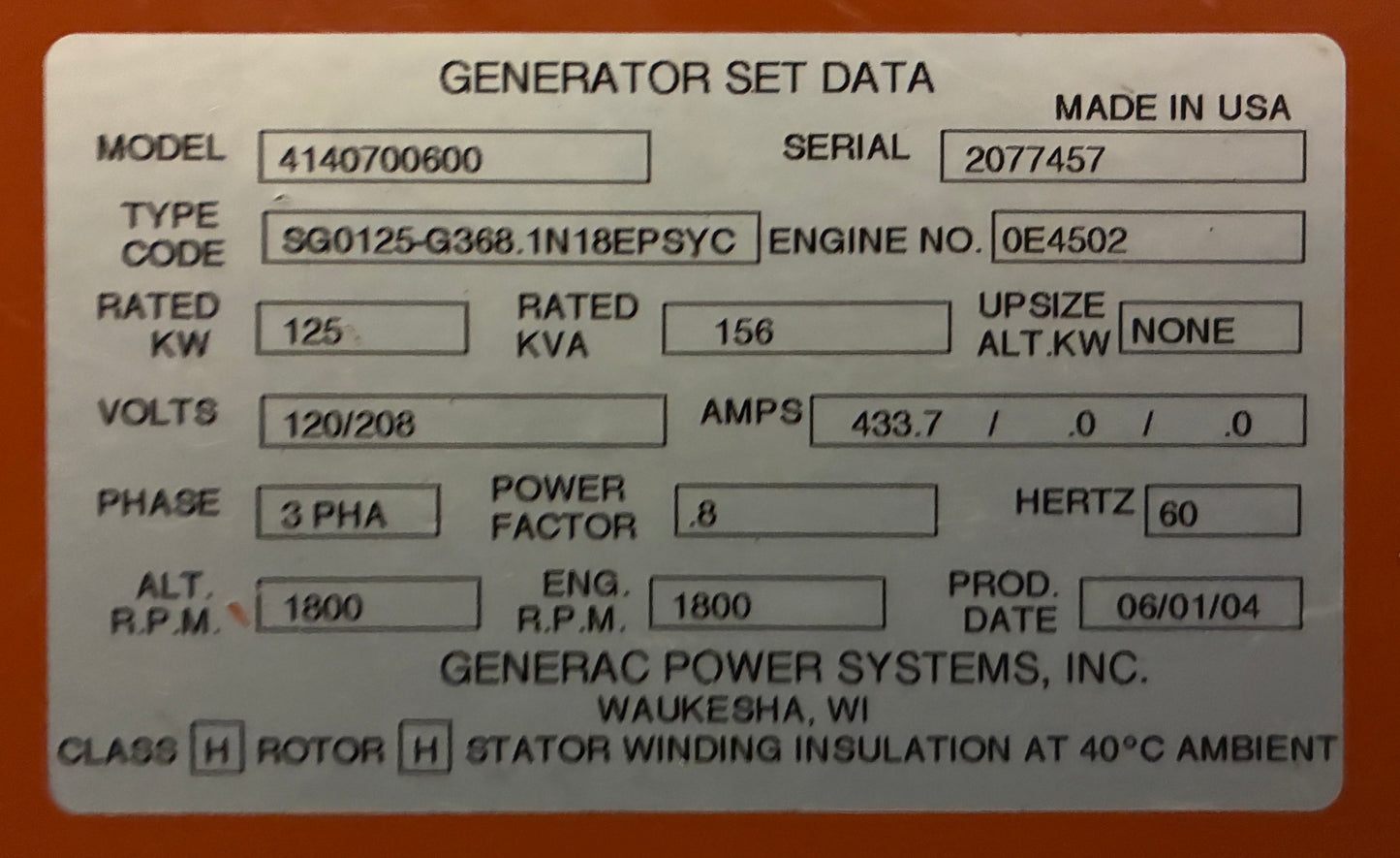 Generac 125K Standby Generator, 120/208V 3Phase, LPG/Natural Gas