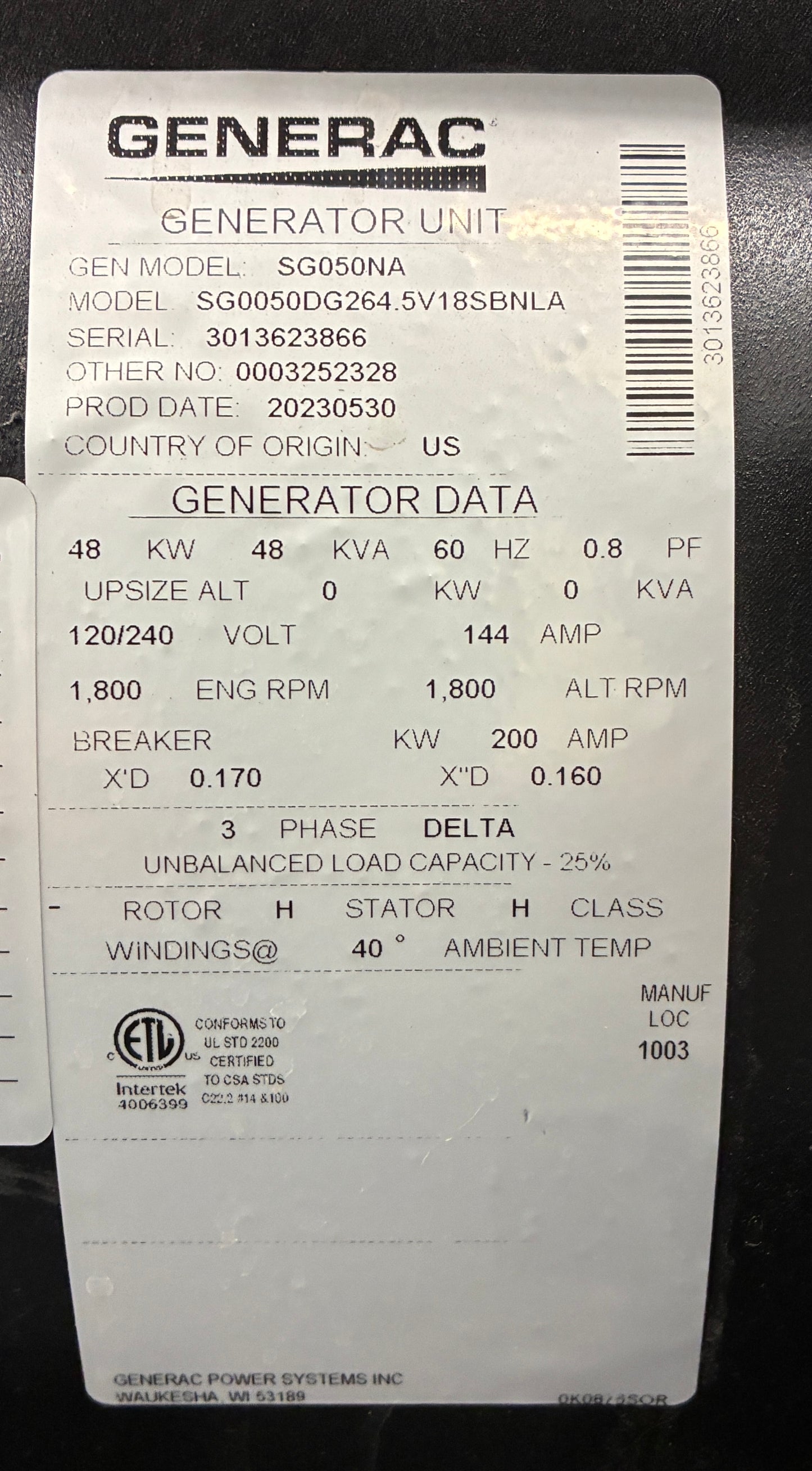 NEW 48KW Generac Standby Generator, Natural Gas/Propane, 120/240V, 1 or 3 Phase