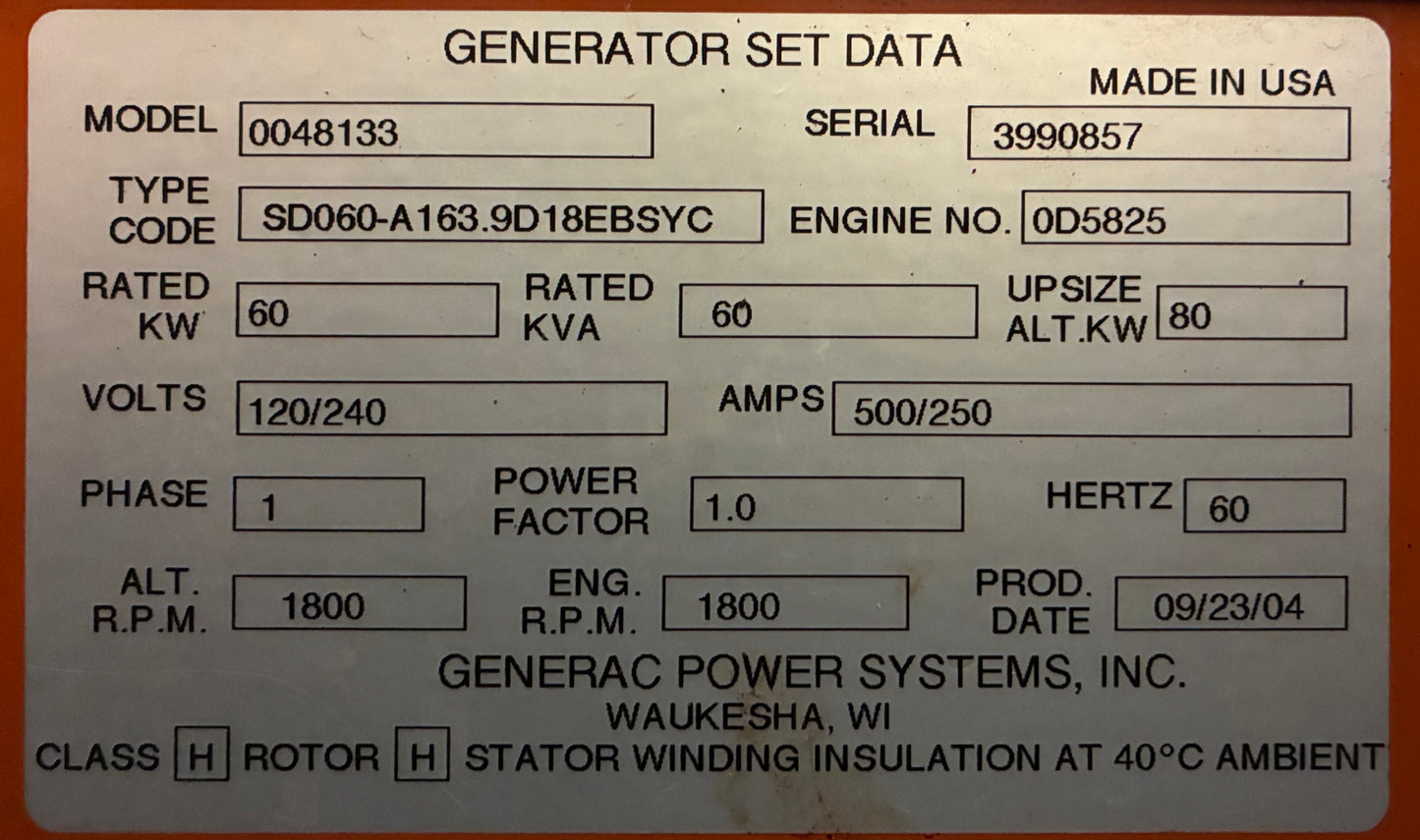 60KW Generac Mitsubishi 4D34T Diesel Standby Generator, 120/240v 1P