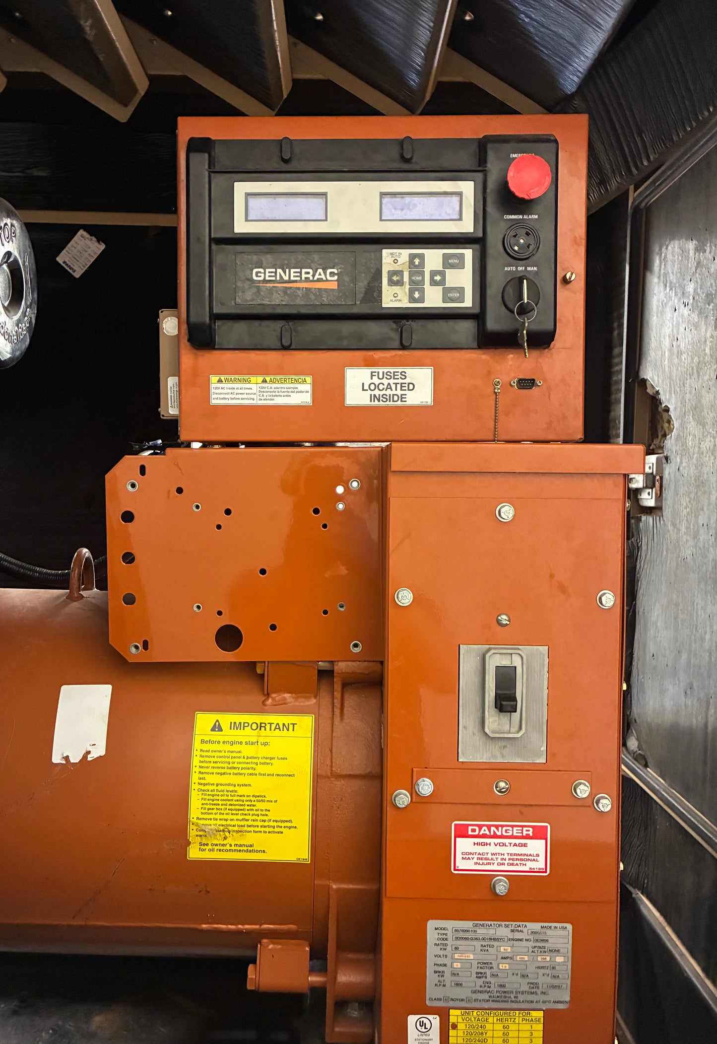 60KW Generac John Deere Diesel Standby Generator, 196 hrs, 120/240v 1P