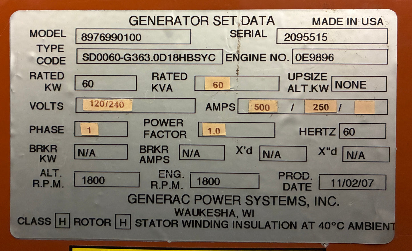 60KW Generac John Deere Diesel Standby Generator, 196 hrs, 120/240v 1P