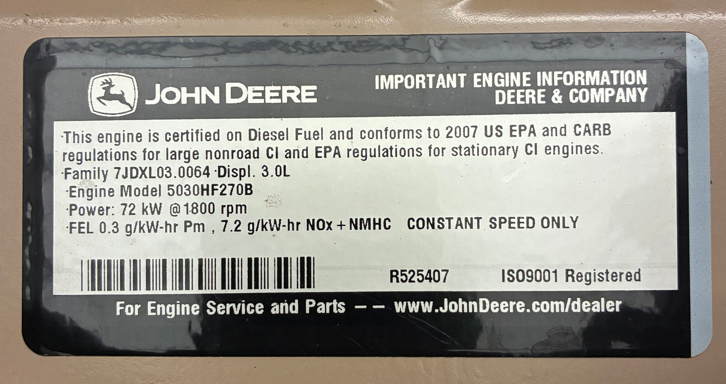 60KW Generac John Deere Diesel Standby Generator, 196 hrs, 120/240v 1P