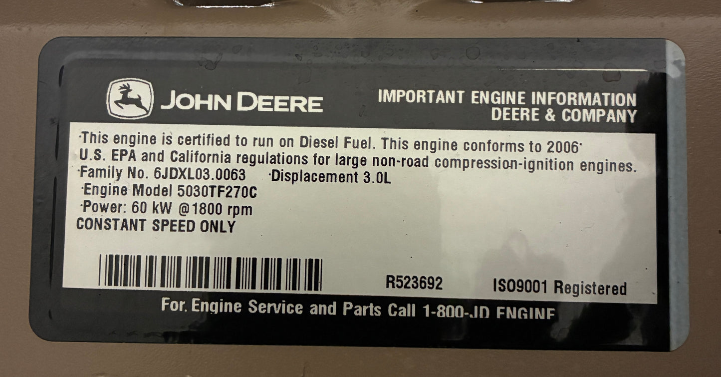 50KW Generac John Deere Diesel Standby Generator, 450hours, 120/240v 1P