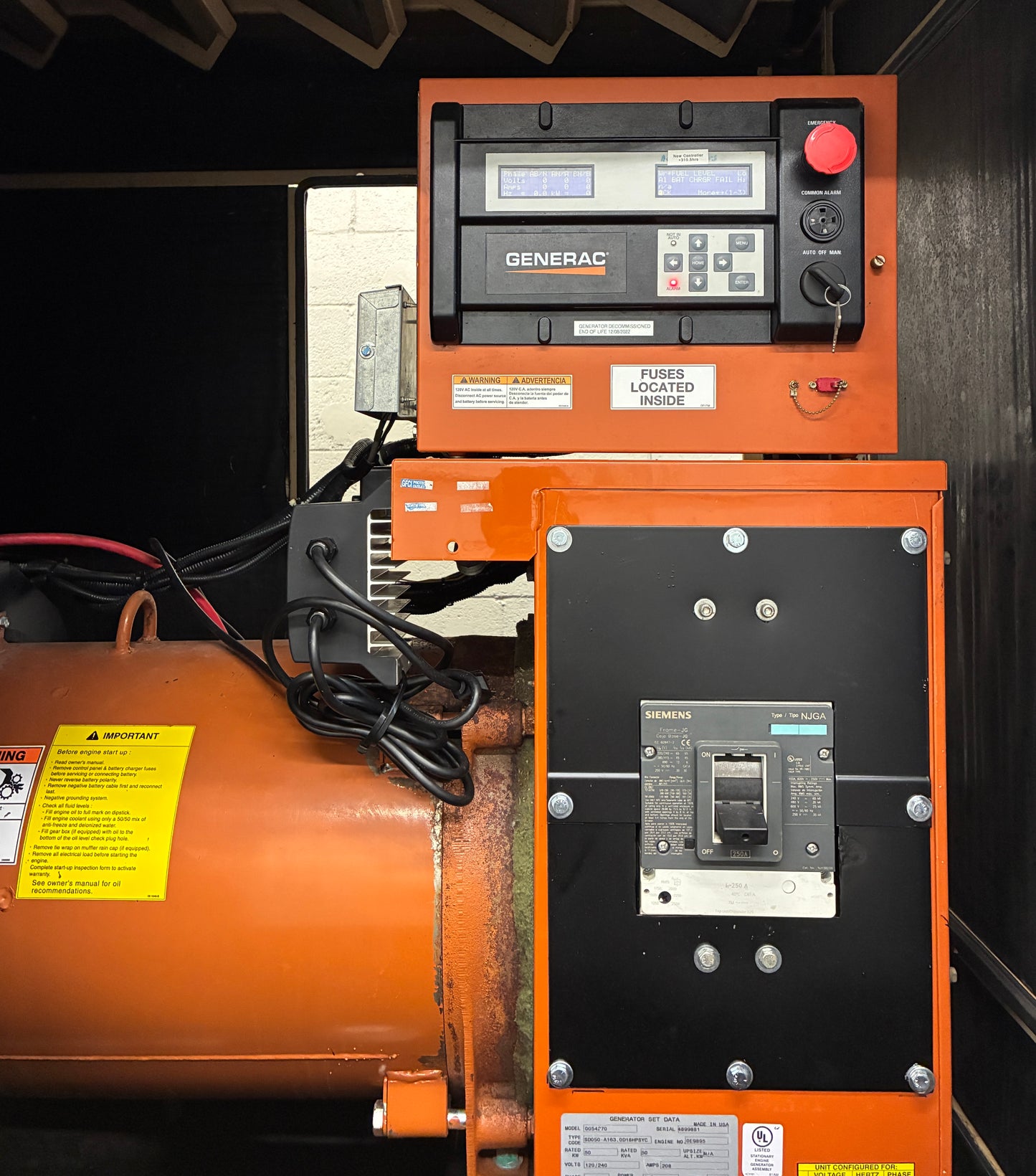 50KW Generac John Deere Diesel Standby Generator, 450hours, 120/240v 1P