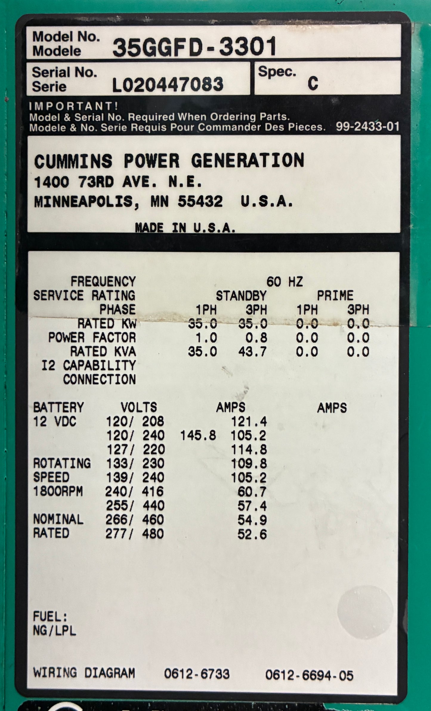 35KW Cummins Standby Generator, Natural Gas/Propane, 120/240 1P