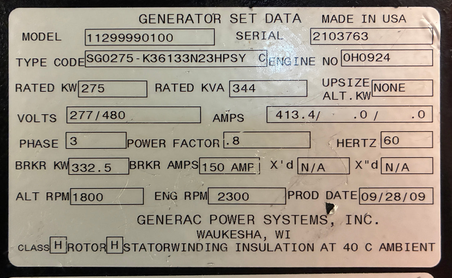 Generac 275KW Standby Generator, 400hrs, 277/480V 3P, LPG/Natural Gas