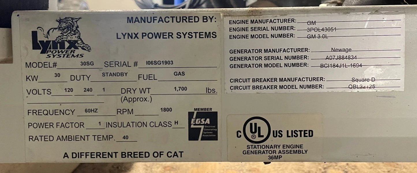 30KW Lynx Standby Generator, GM 3.0L, 1 or 3 Phase, LPG / Natural Gas