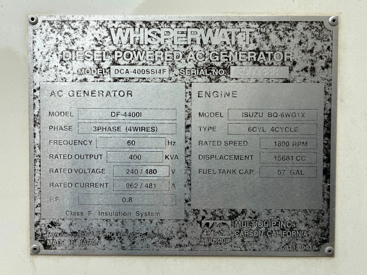 336KW MultiQuip Rental Grade Diesel Generator, 9,081hrs, 1 or 3 Phase